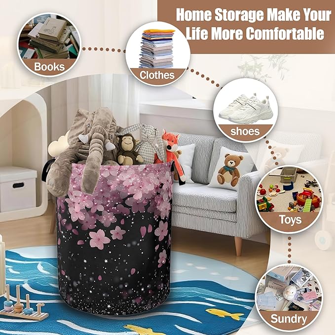 Cherry Blossoms Laundry Basket,Waterproof Foldable Pink Glitter Laundry Hamper,Dirty Clothes Basket, Linen Bin Storage Organizer Collection 16" x 20.8"