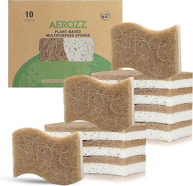 AEROZZ 10 Pack Biodegradable Natural Sponges Kitchen - Compostable Cellulose and Coconut Walnut Scrubber Sponge - Non Scratch Eco Friendly Quick Drying Sponges for Dishes