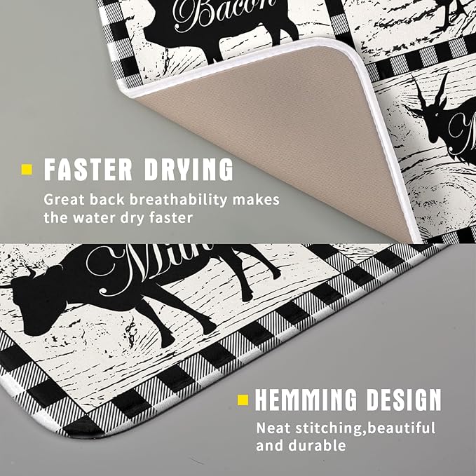 Farmhouse Animal Dish Drying Mat Buffalo Plaid Drainer Rack Mats Fast Dry Absorbent Kitchen Countertop Protector Dishes Pad 16x18 Inch