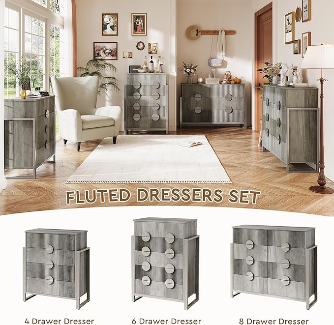 Fluted Dresser for Bedroom with 6 Drawers, 44.5" Tall Chest of Drawers with Raised H Legs and Curved Profile Design, Wood Closet Clothes Storage Organizer for Bedroom, Hallway, Grey