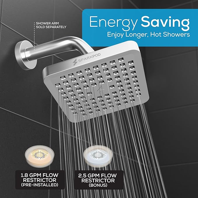 SparkPod Shower Head - High Pressure Rain - Premium Quality Luxury Design - 1-Min Install - Easy Clean Adjustable Replacement for Your Bathroom Shower Heads (Luxury Polished Chrome, 6 Inch Square)