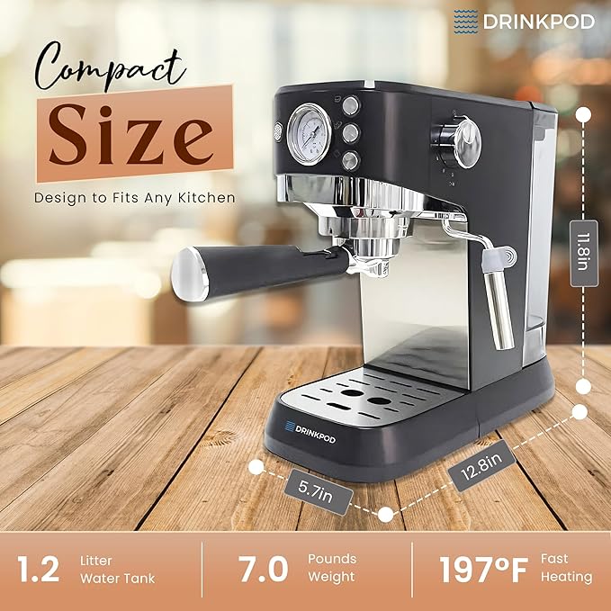 DRINKPOD 20 Bar Espresso Machine – Coffee & Espresso Maker Combo with Milk Frother Steam Wand, Stainless Steel Cup Plate, and 1.5L Removable Water Tank – High Pressure Espresso Maker