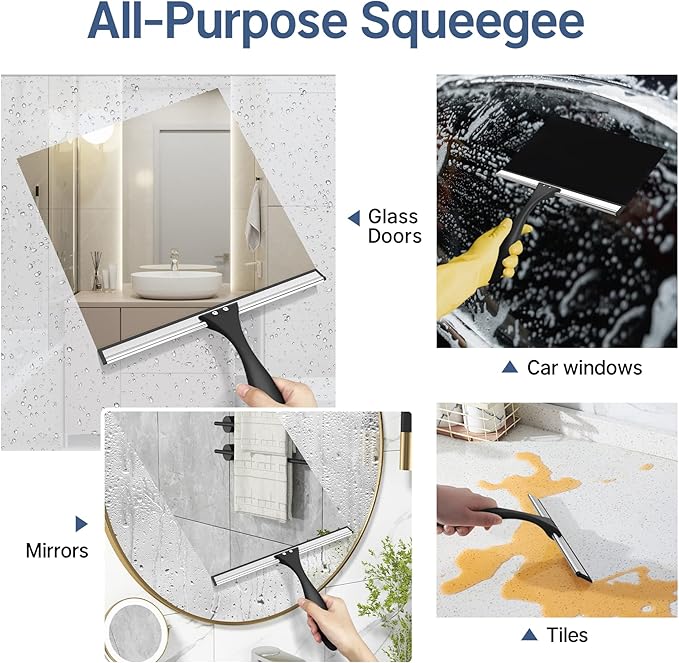 AmazerBath Squeegee for Shower Glass Door, Shower Squeegee for Glass Doors - All-Purpose Squeegee with Hook for Shower Doors, Windows, Mirrors, Tiles and Car Glass, 10 Inches