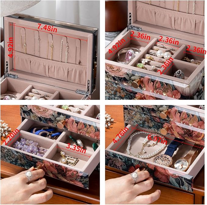 Glass Jewelry Box With Floral Pattern, 3-Tier Jewelry Organizer for Women Girls,Jewelry Gift Decorative Boxes, Art Painting Tabletop Ornament Organizer For Earring Necklace Christmas Gifts