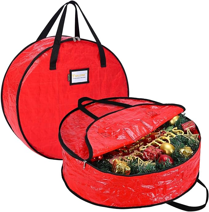 BALEINE Wreath Storage Container, 2 Pack Christmas Wreath Storage Bag with Tear Resistant PE Material and Reinforced Handle for Holiday Xmas (Red, 30"x8")