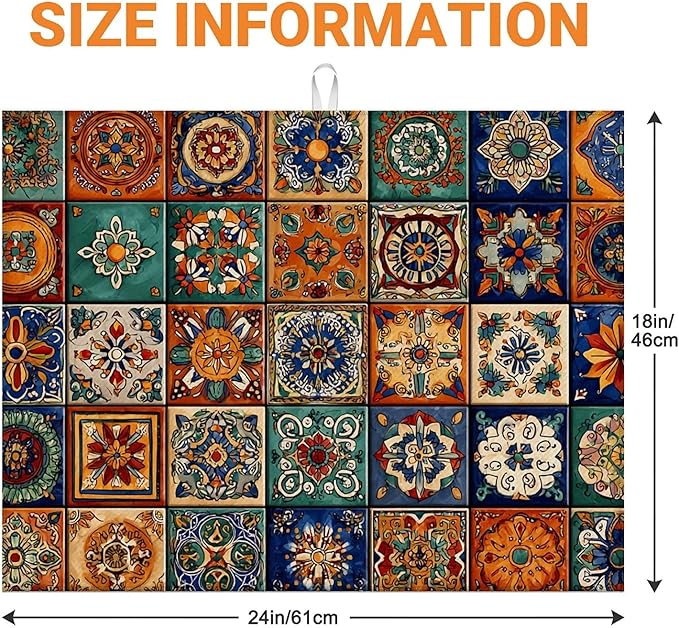Dish Drying Mat For Kitchen Counter, Talavera Mexican Tiles Microfiber Absorbent Dish Drainer Rack Pad Reusable Large 18x24in Drying Mat