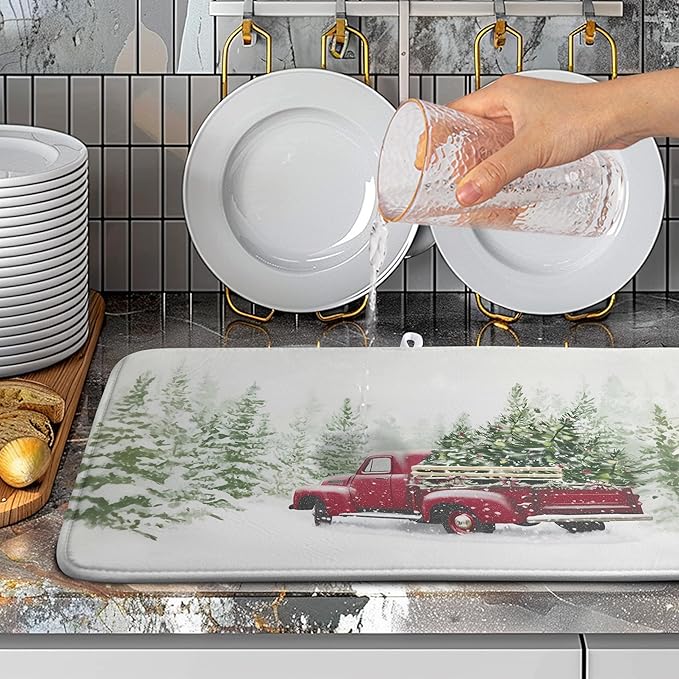 Wnoesat Christmas Dish Drying Mat Red Truck Xmas Tree Drying Mats for Kitchen Counter Winter Holiday Dishes Drainer Mats Absorbent Microfiber Dish Draining Pad Extra Large 18x24 Inch