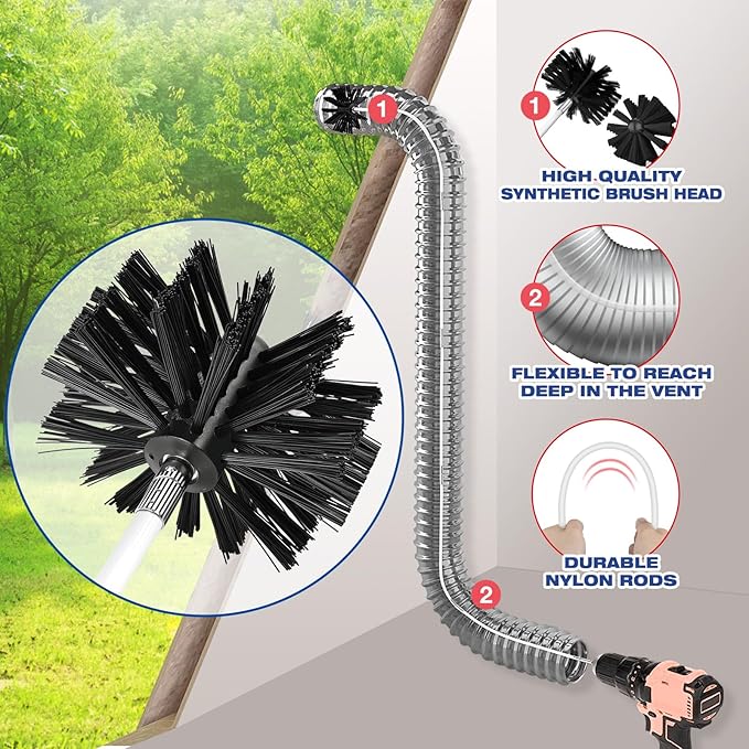 PetOde 35 Feet Dryer Vent Cleaner Kit, Lint Remover, Upgraded Flexible Quick-Snap Brush with Drill Attachment, Extends Up to 35 FEET for Easy Cleaning, Cleaning Tools Use with/Without a Power Drill