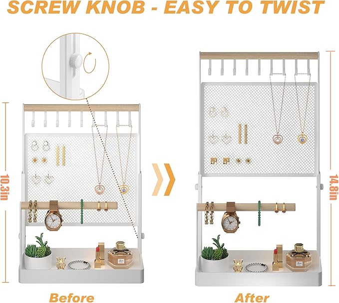IOAIANIA Jewelry Organizer Stand, Liftable Necklace Holder with Earring Organizer Net, 9 Hooks Necklaces Storage Wooden Handing Bar for Bracelets Watches Rings (White)
