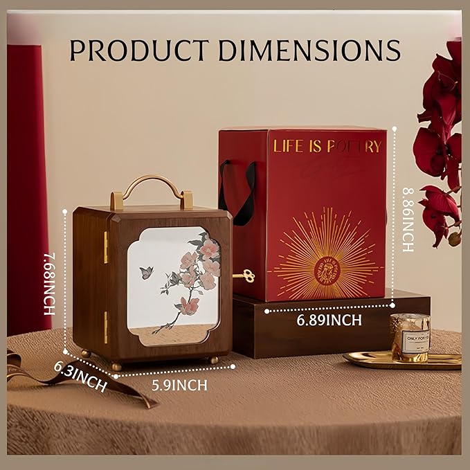 KINTNESS Wooden Jewelry Box With Key, 4 Layers Lockable Handheld Single Door Mirror-Flower Jewelry Box For Women Girls, Walnut Texture for Bracelet, Necklace, Ring