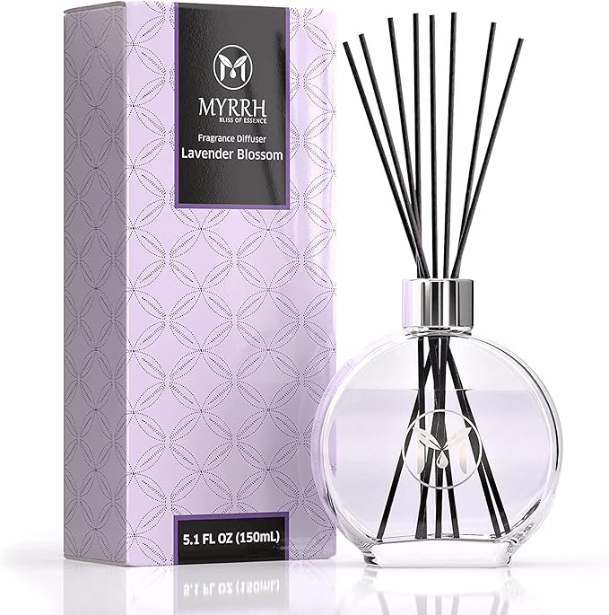 Lavender Blossom Scented Reed Diffuser Set with 8 Rattan Diffuser Sticks, 150 ml, All Natural Air Freshener, Long-Lasting Diffusers at Home - MyrrhUSA