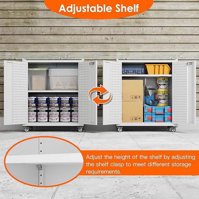 Garage Storage Cabinet with Wheels,Lockable Metal Storage Cabinet on Wheels, Pegboard for Garage Home Warehouse, Assembly Required, White,13.8 "D x 26" W x 34.3" H
