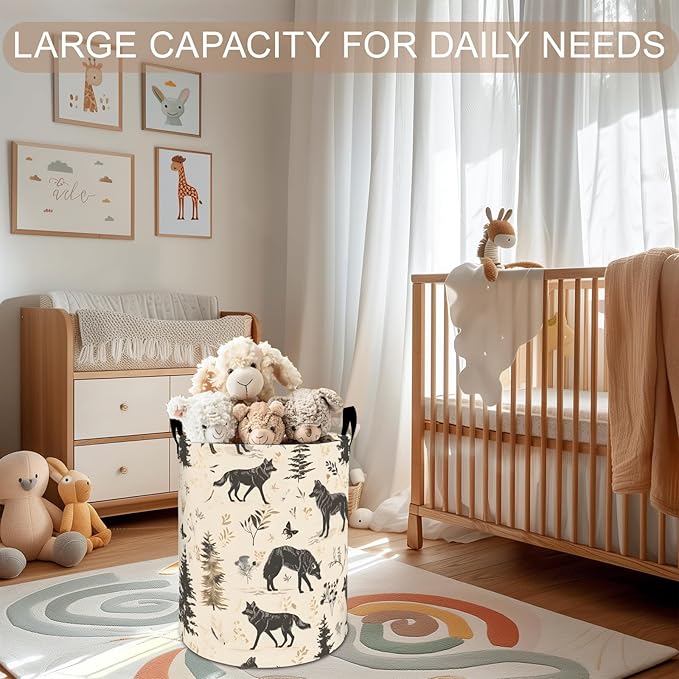 Forest Wolf Laundry Basket Hamper 19.7"x15.8", Animal Foldable Waterproof Oxford Clothes Storage Bucket for Room Bathroom Bedroom Nursery Decor, Toy Organizer Bins Gifts for Kids Boys Girls