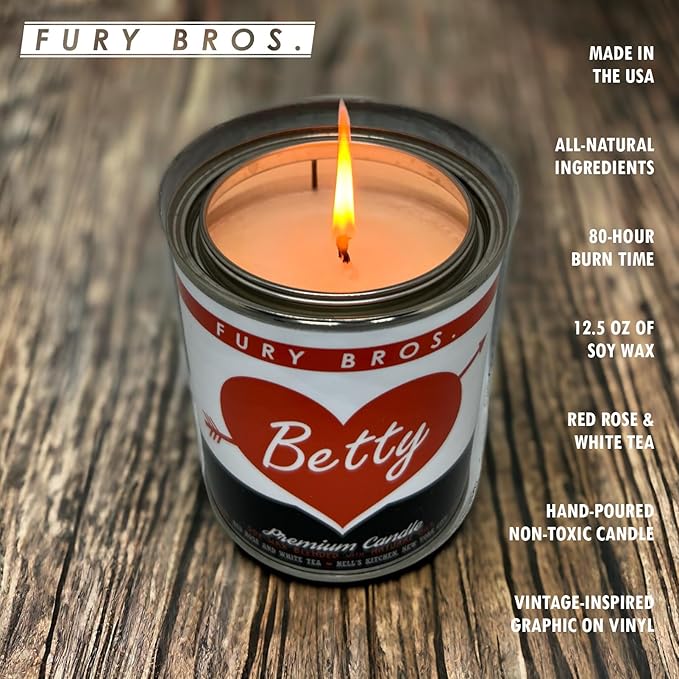 Fury Bros. Scented Candles for Men | Betty | Red Rose & White Tea | Natural Soy Wax | Hand-Poured in The USA | Long 70-80 Hour Burn (12.5 oz) | Vintage-Inspired Tin Design | Dad Home Gift