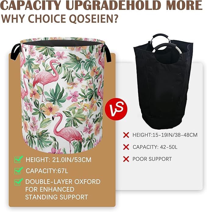 Pink Flamingo Laundry Basket,Floral Plam Collapsible Laundry Baskets with Handles,Waterproof Oxford Cloth Storage Basket 16"x20" for Bathroom/Bedroom/Dormitories