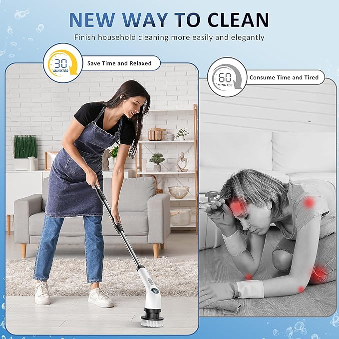 Electric Spin Scrubber Upgraded Battery with Extra-Long Runtime, IPX7 Waterproof Power Cleaner with 7 Brush Heads, 2 Speeds Adjustable Long Handle for Bathroom, Floor, Shower, Tile & Kitchen Cleaning