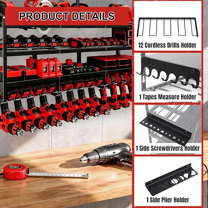 CRELYSTER 50" W Large Power Tool Organizer Wall Mount, Load 600lbs, 4 Layer Heavy Duty 12 Cordless Drills Holder, Battery Tool Storage Rack for Workbench, Workbench,Garage,Shed