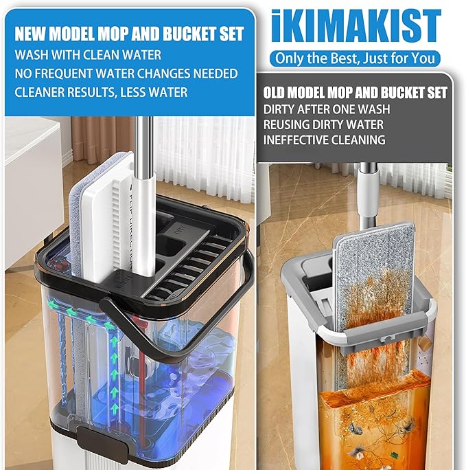 Mop and Bucket with Wringer Set, Flat Floor Mop and Bucket System with Separate Clean Dirty Water, Self Wringing Microfiber Dust Mop for Hardwood Floors, Kitchen, Wall Cleaner - Includes 4 Pads