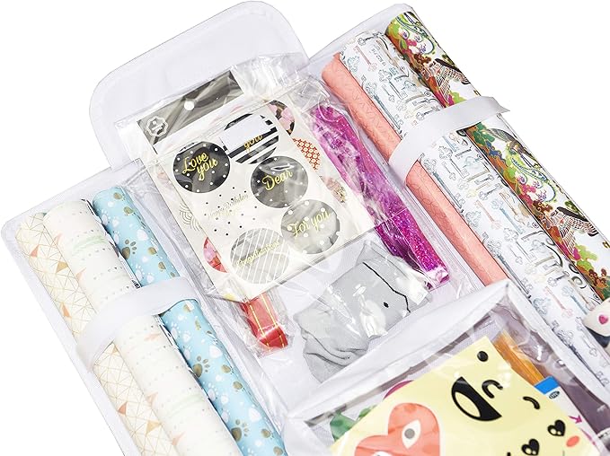 Double Sided Hanging Gift Wrap Organizer | Large 16" x 41" Wrapping Paper Rolls Storage Bag | Tearproof & Space Saving Closet Gift Bag Organization Solution | Sturdy Zippers & Robust Adhesive Strip