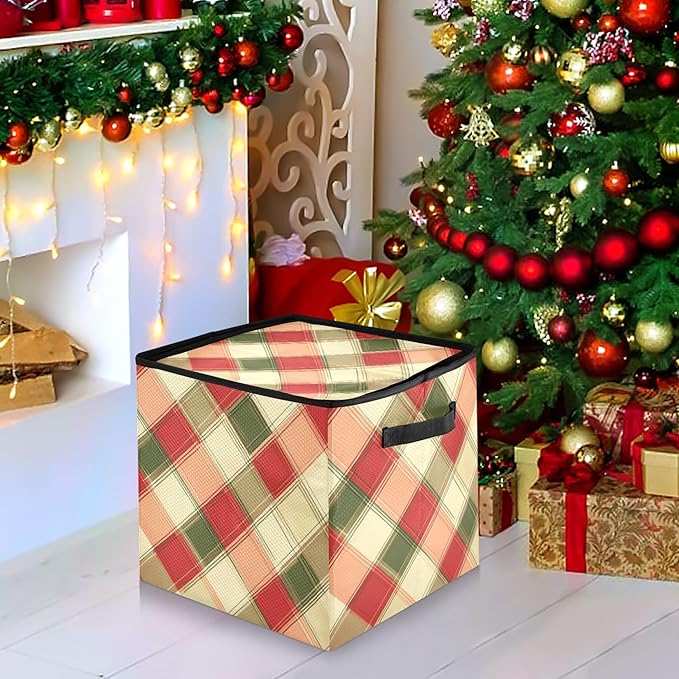 Red and Green Plaid Christmas Ornament Storage Box, Hold 64 Holiday Ornament 3”, Adjustable Dividers Handle Zipper Storage Container, Xmas Decoration Accessories