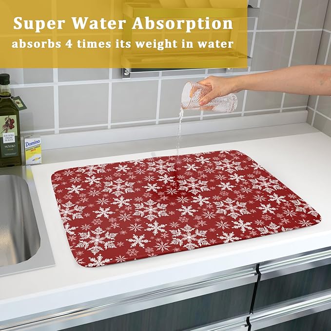 Christmas Dish Drying Mat for Kitchen Counter 24x18 Inch Xmas Snowflake Drying Mat with Absorbent Reversible Microfiber Red Dish Drainer Mats Rack Pad for Coffee Countertop Protector