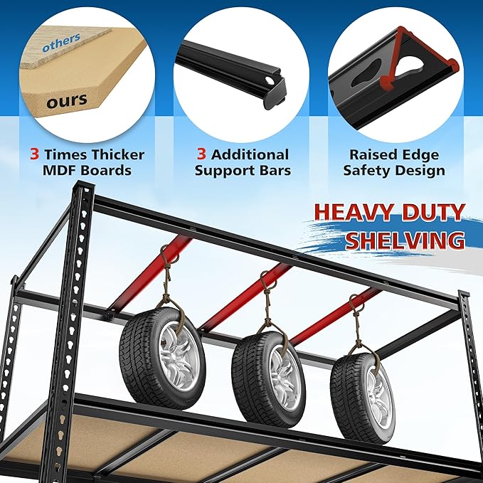 DurayLoly 55" W Storage Shelves, 2550LBS Garage Shelving, 5-Tier Metal Shelving Unit, Adjustable Heavy Duty Shelving for Garage, Warehouse, Pantry, Kitchen, 55" W × 24" D × 72" H, Black