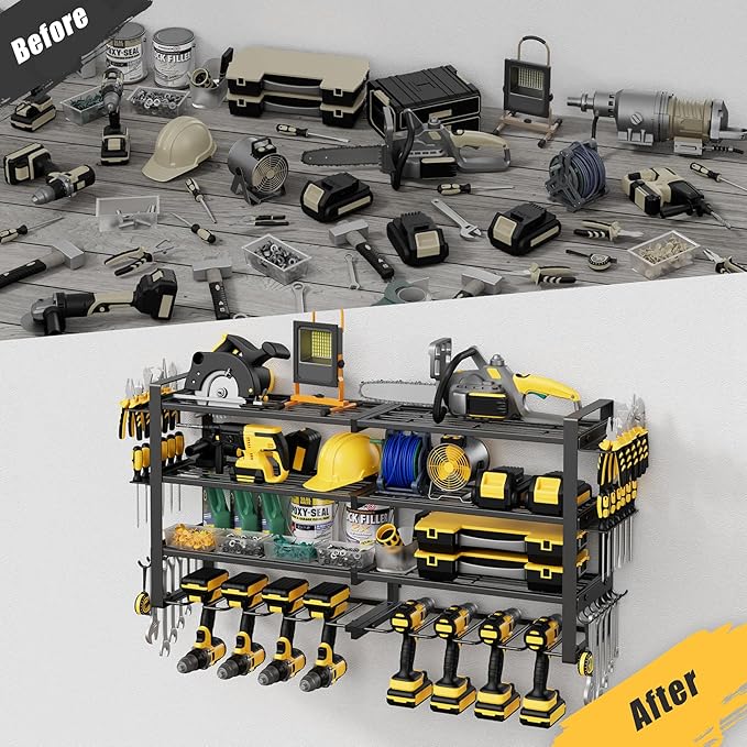 Power Tool Organizer Wall Mount, 4-Tier Tool Storage Rack with 8 Drill Holders, 400LBS Load Heavy Duty Cordless Tool Shelf for Garage Organization, Gift for Men