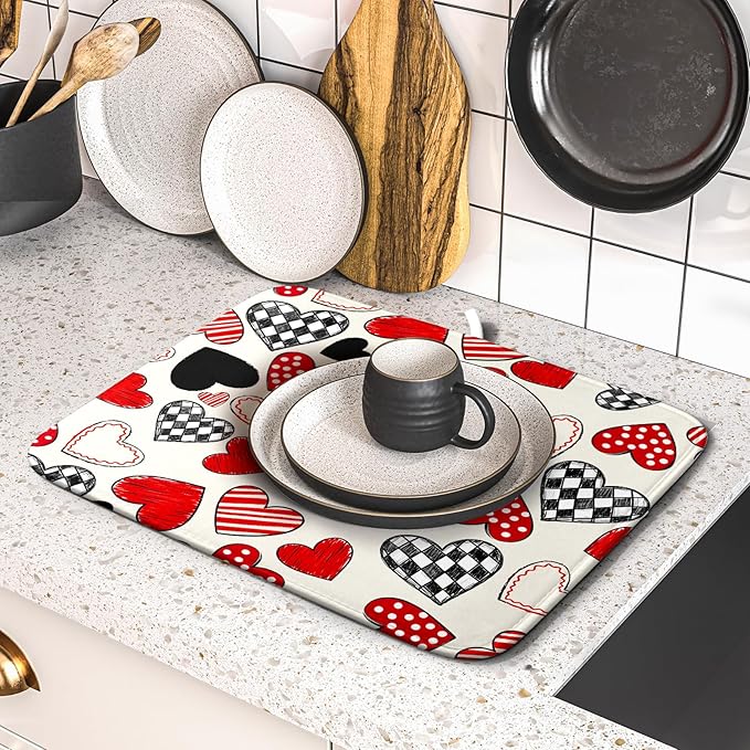 Valentines Day Dish Drying Mat for Kitchen Counter 18x16 Inch Red Heart Drying Mat with Absorbent Reversible Microfiber Holiday Love Dish Drainer Mats Rack Pad for Coffee Countertop Protector