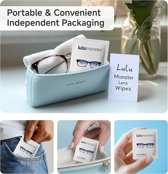 Lulumonster Lens Cleaning Wipes - Pre-Moistened Eyeglass Cleaner for Glasses, Sunglasses & Camera Lenses - Streak-Free, Scratch-Free & Ammonia-Free Formula - Individually Wrapped (150 Count)
