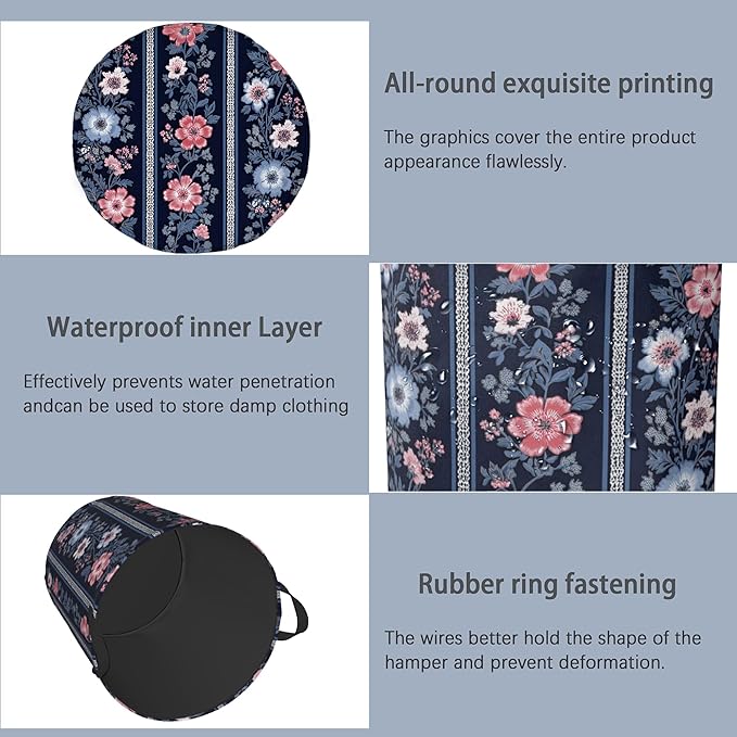 Boho Vintage Flower Laundry Basket,Foldable Oxford Cloth Tote Bag Laundry Hamper Clothes Storage Bucket Organizer for Bedroom Laundry Storage Dormitories 16" x 20.8"