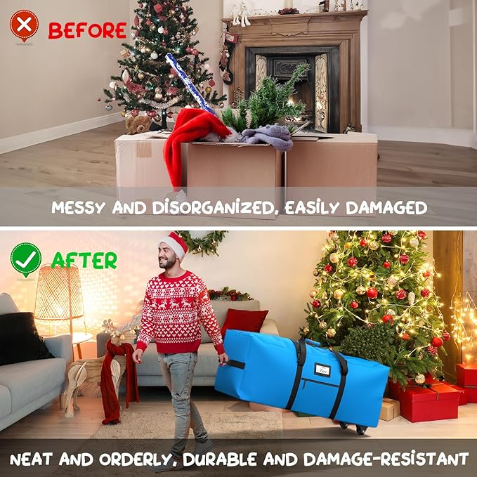 Mrrihand Christmas Tree Storage Bag, Large Artificial Anti-Tear Heavy-Duty 600D Oxford Cloth Xmax Christmas Tree Storage Box with Rolling Wheels, Christmas Tree Storage Container (Bright Blue, 9Ft)
