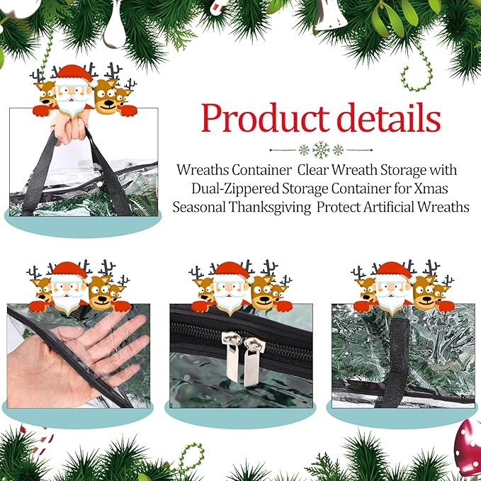 4 Pcs Christmas Wreath Storage Container Clear Organizer Storage Bag for Xmas Wreath Moving Bags with Handles and Dual Zipper Wreath Holder for Storage Plastic Christmas Storage Tote (30 x 8 Inch)