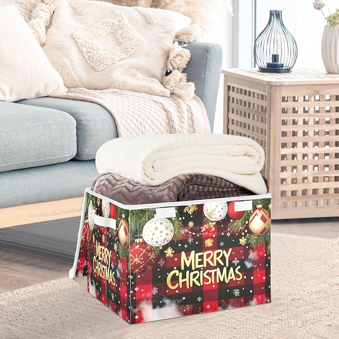 Bolaz Storage Bins with Lids and Handles,Christmas Red Plaid Storage Box Storage Basket with Cover Collapsible Organizer Containers for Home Closet, Shelves