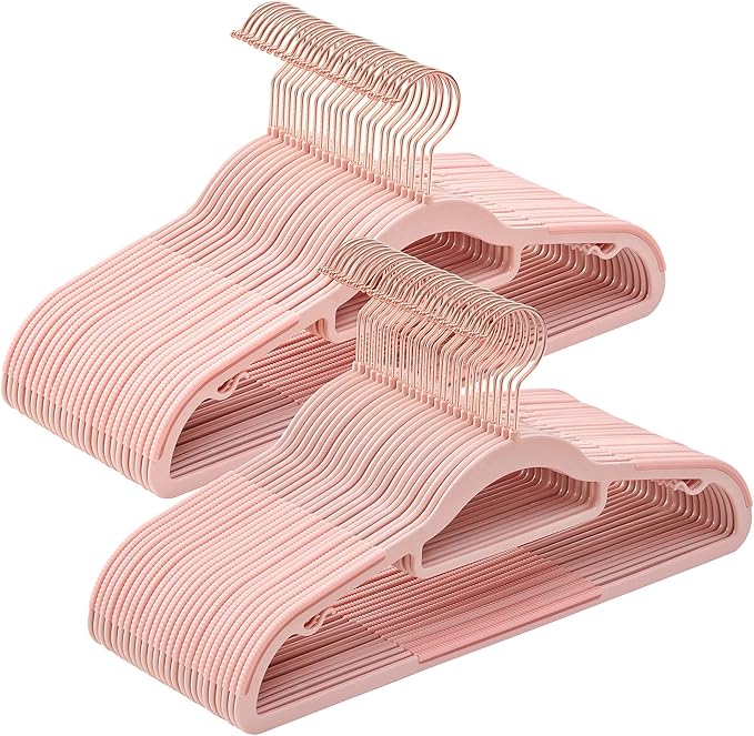 SONGMICS Pack of 50 Coat Hangers, Space-Saving Plastic Clothes Hangers, Non-Slip, 0.2 Inches Slim, 16.5 Inches Wide, 360° Swivel Rose Gold Hook, Light Pink UCRP20PK05