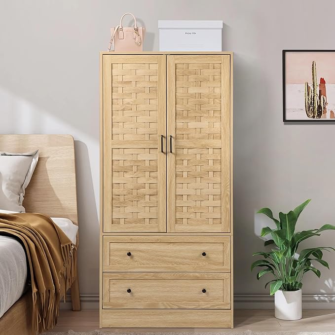 LEVNARY Armoire Wardrobe Closet with 2 Woven Doors, Wardrobe Cabinet with 2 Storage Drawers and Hanging Rail, Freestanding Wooden Closet for Bedroom (Natural)