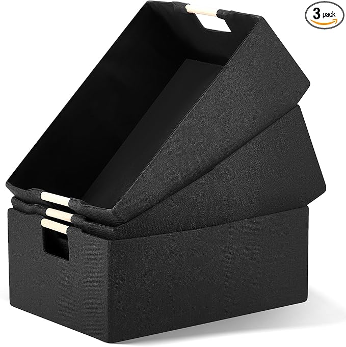 3 Pack Fabric Storage Bins for Closet Shelves, Rectangle Wardrobe Organizer with Handle, Collapsible Shelves Storage Basket for Sorting Clothes and Toy (Black,15 x 10.6 x 6 Inch)