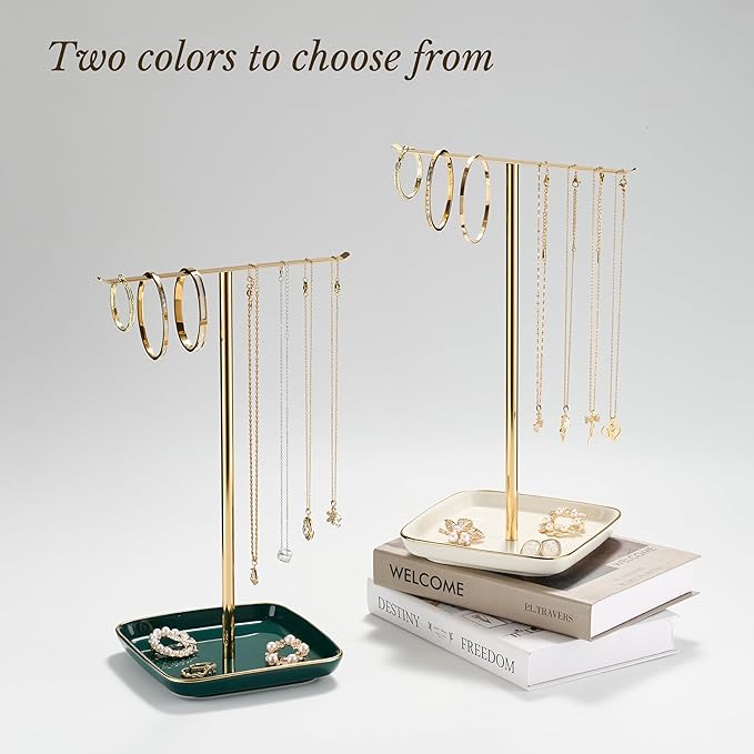 Jewelry Holder Stand with Ceramic Base: 12" Tall Necklace Organizer Rack, Tree Design Display Storage for Necklaces, Bracelets, Rings, Earrings, Aesthetic Room Décor for Girls and Women, Green