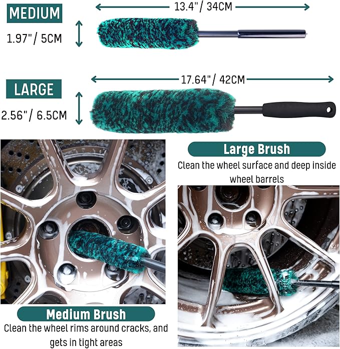 oesee Professional 4 Pack Long Handle Wheel Brush Kit for Cleaning Wheel and Tire- 2X Soft Wheel Cleaning Brush, Detailing Brush and Stiff Tire Brush, Bendable& Durable Wheel Rim Cleaner Brush Set