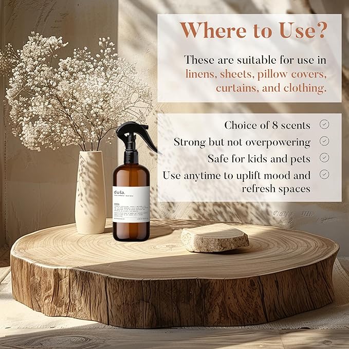 Dusa Santal Room Spray - 16.9 fl oz - Ultimate Home Fragrance, Bed Room Essentials & Soothing Fabric - Natural Air Freshener & Linen Mist for Home - Eco-Friendly Odor Eliminator w/Aromatherapy