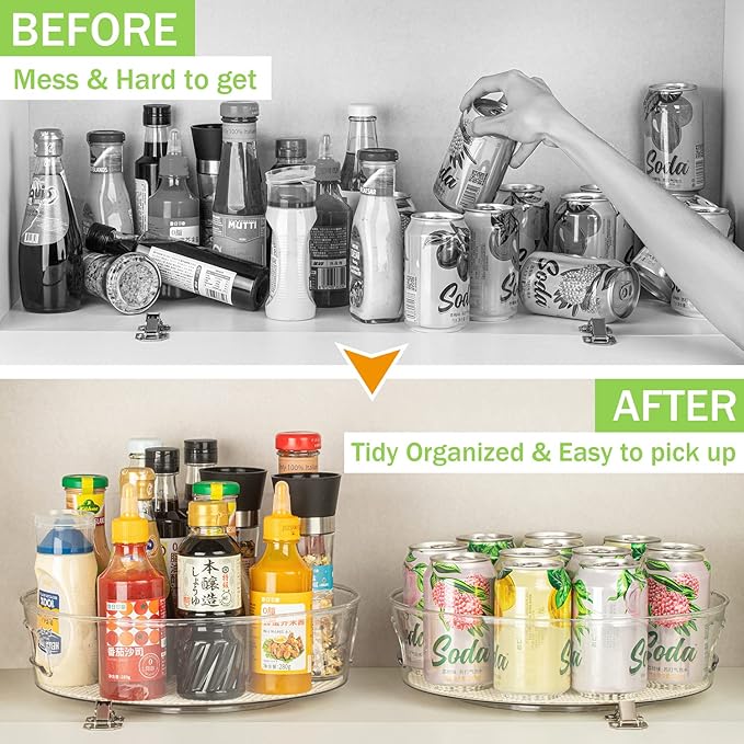 4 Pack Lazy Susan Organizer with Non-Skid Liners, 12-inch Spinning Turntable with Handle, Spice and Refrigerator Organizers, Pantry Organizers and Storage, Round