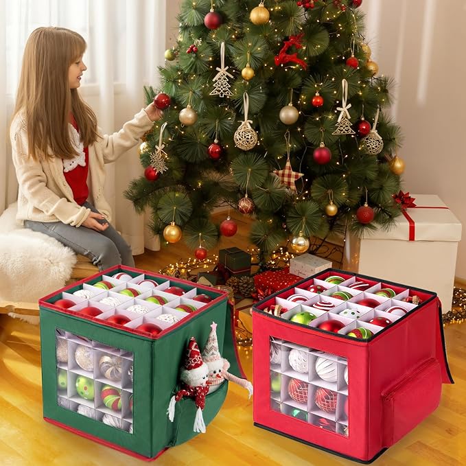Christmas Ornament Storage Box, Premium Ornaments Organizer with Adjustable Dividers Pockets Clear Window Store Up to 64 Holiday Ornaments Storage Container Bin Zippered for Christmas Decorations Red