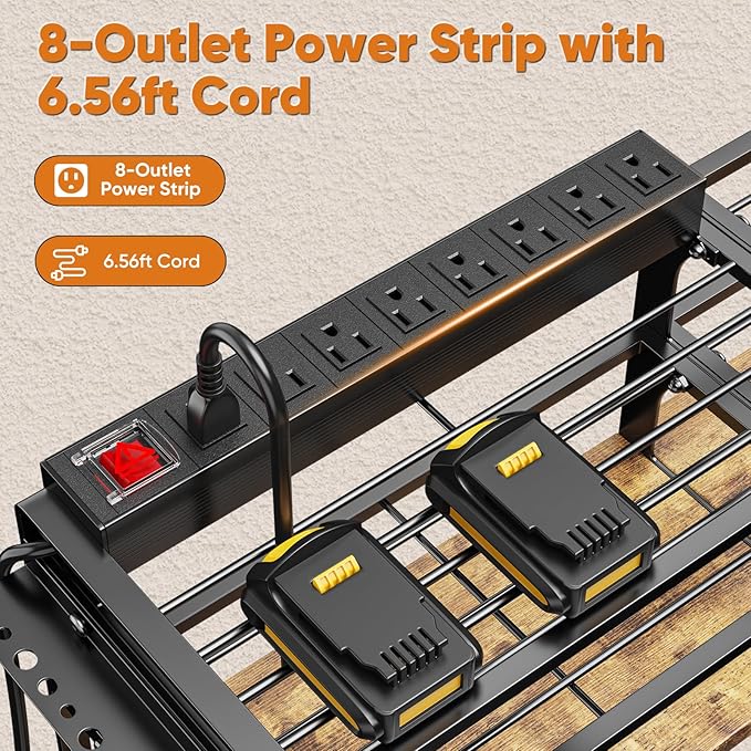 POKIPO Large Power Tool Organizer with 8 Outlet Charging Station, Loads 600lbs, 4 Layer Heavy Duty Utility Rack Holds 8 Cordless Drills, Wall Mount Tool Battery Garage Storage Shelf, Gift for Men
