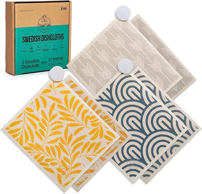 Harps&Seb Swedish Dishcloths for Kitchen Dishcloths - 6 Pack, Reusable Paper Towels with Clips, Super Absorbent Washable Non-Scratch Swedish Dish Towels, No Odor, Biodegradable