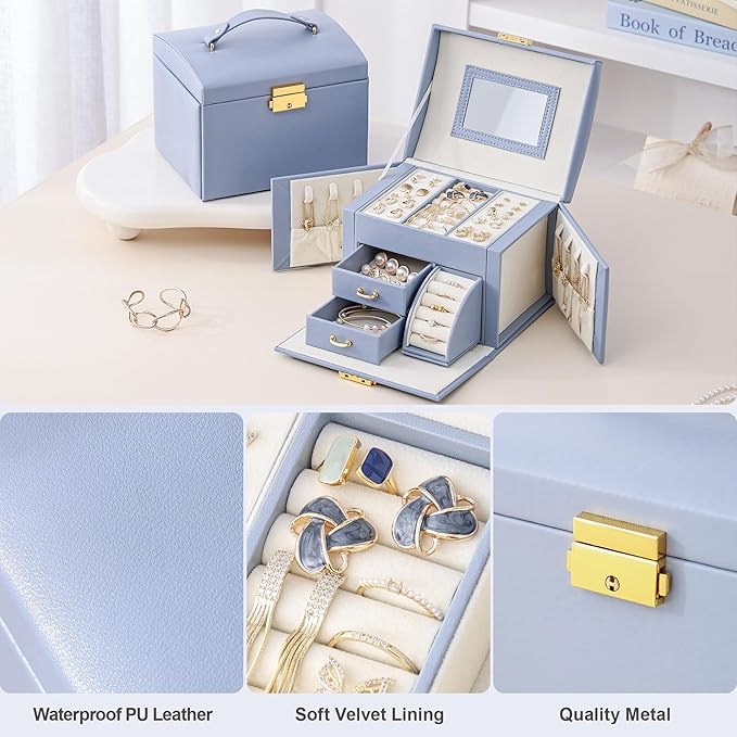 CASEGRACE Jewelry Box Organizer for Women Girls, Three Layer Jewelry Storage Box with Mirror PU Leather Jewelry Display Case for for Bracelets, Earrings, Rings, Necklaces,Blue