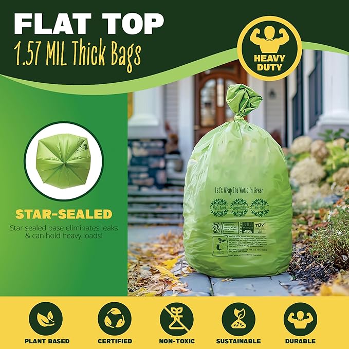 30-33 Gallon Compost Bags 30 Bags Yard Waste Bags Flat-Top Liners Compostable Trash Bags Heavy Duty Extra Thick 1.57 Mil, 124.92 Liter Lawn and Leaf Bags BPI ASTM D6400 and OK Compost Home Certified