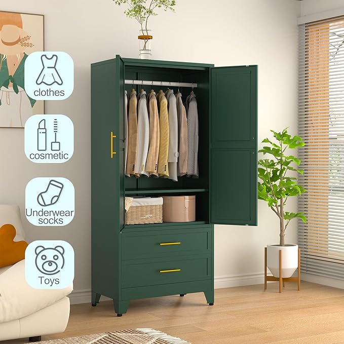 Metal Armoire Wardrobe Closet, 71 "Metal Clothing Storage Cabinet with Adjustable Shelves and Hanging Rod, Household Steel Wardrobe Storage Cabinet with Drawers (armoire-Green)