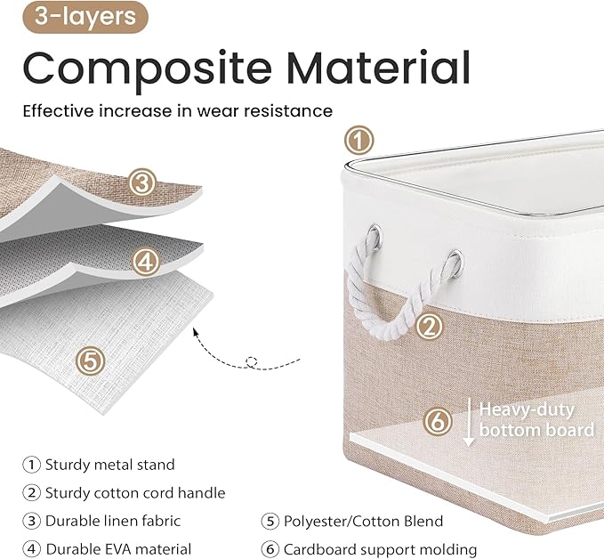 Large Storage Baskets- 15x11x10 inch Storage Bins for Shelves and Closet Organizing, Foldable Fabric Bin for Home Organization Clothes and Laundry (3-Pack, White&Khaki)