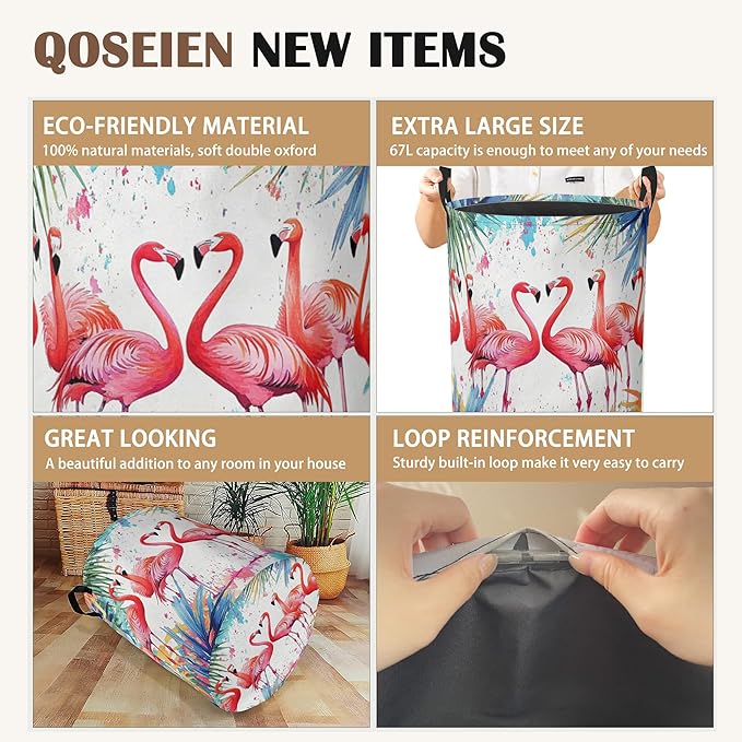 Flamingo Tropical Laundry Basket,Exotic Leaves Flower Collapsible Laundry Baskets with Handles,Waterproof Oxford Cloth Storage Basket 16"x20" for Bathroom/Bedroom/Dormitories