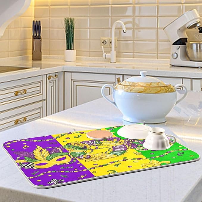 Happy Mardi Gras Dish Drying Mat for Kitchen Countertop 18x24 Fleur de Lis New Orleans Carnival Purple Green Large Drying Mat Reusable Quick Dry Dish Sink Mats Easy Clean Decorative Essentials