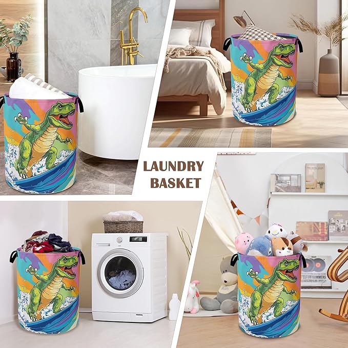 Laundry Basket,Dinosaur Surfing on Sea Collapsible Laundry Baskets,Waterproof Oxford Hamper with Handles for Bathroom Bedroom Nursery Home Storage 16"x20"